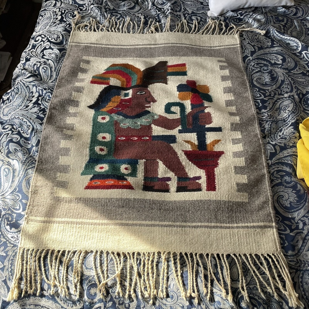 Zapotec Mexican Southwest Aztec Woven Handmade Beige Wool Tapestry 35.5" X‎ 27"